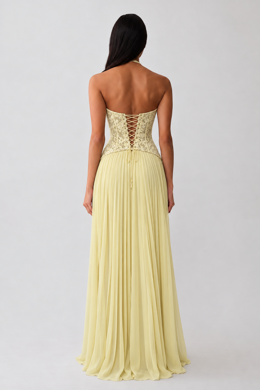 Vestido Éloïse amarelo, vista de costas, Modelo 3