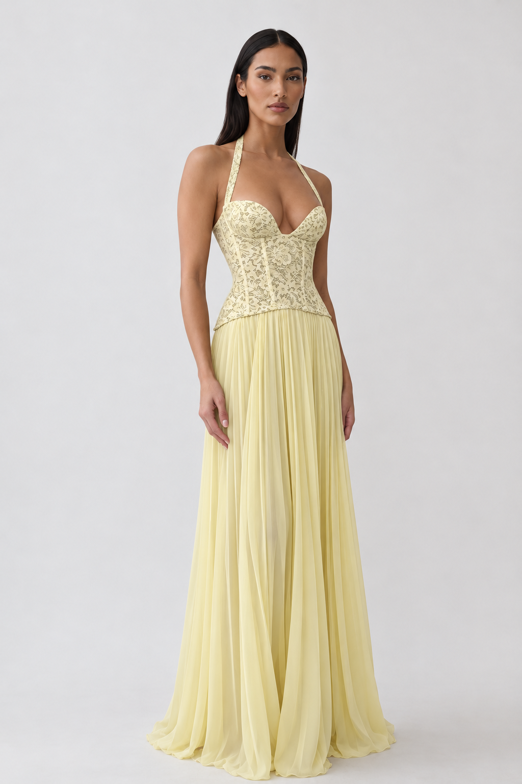 Vestido Éloïse amarelo, vista de frente, Modelo 3