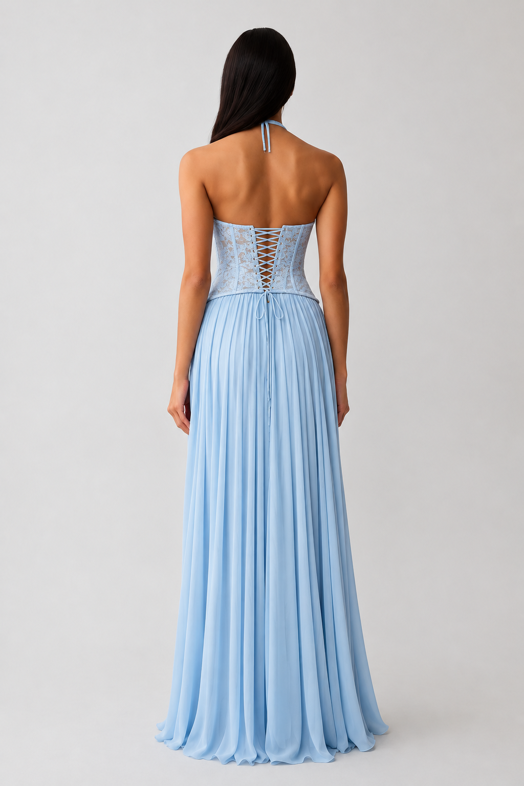 Vestido Éloïse azul claro, vista de costas, Modelo 3