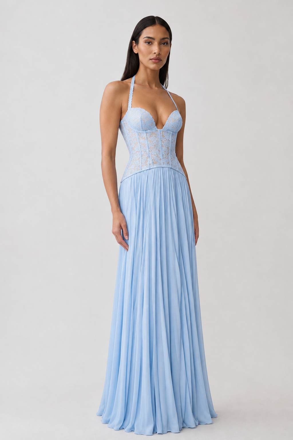 Vestido Éloïse azul claro, vista de frente, Modelo 3