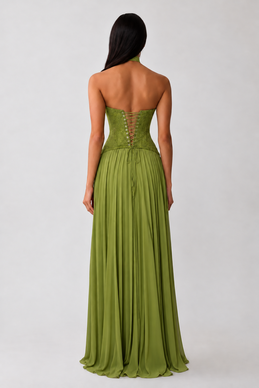 Vestido Éloïse verde, vista de costas, Modelo 3