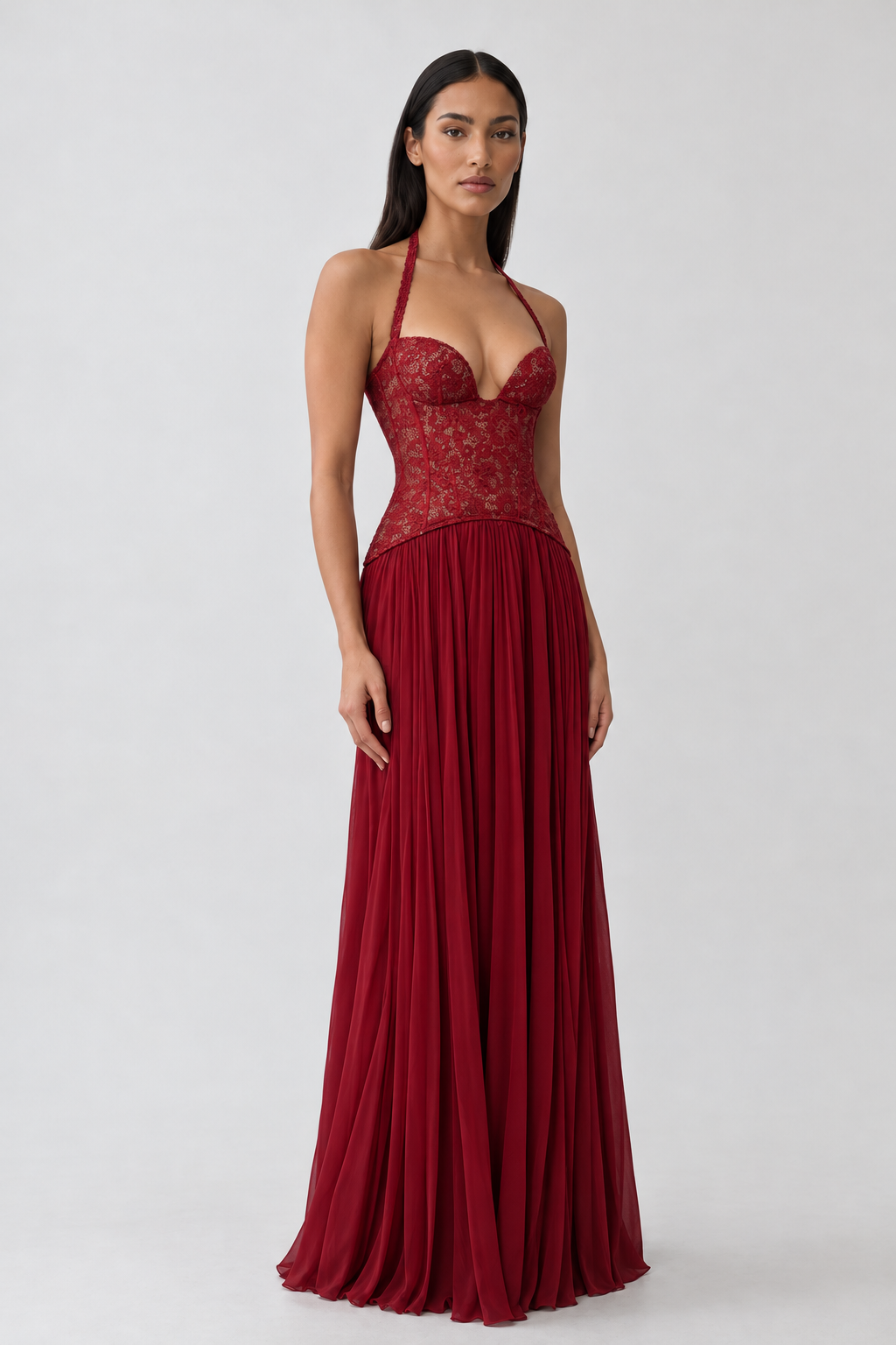 Vestido Éloïse vinho, vista de frente, Modelo 3